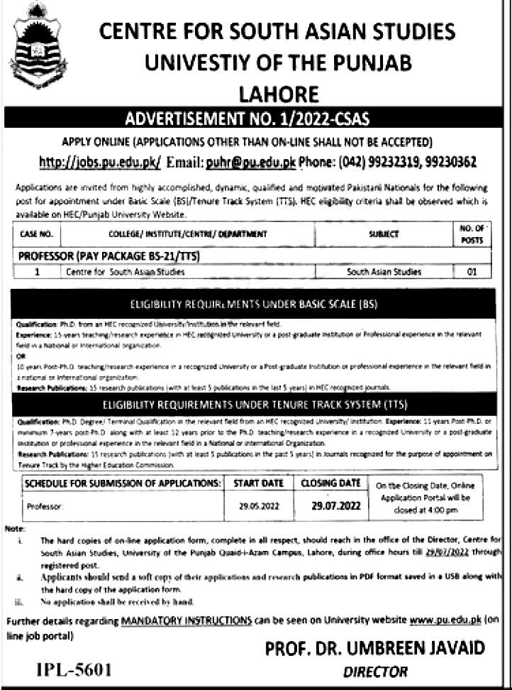 University of the Punjab PU Lahore Jobs May 2022 Ad No. 01