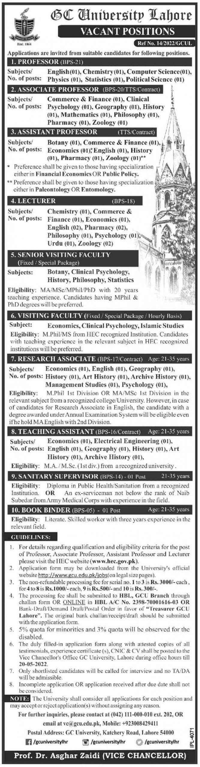 GC University Lahore Jobs 2022 Govt College University Advertisement