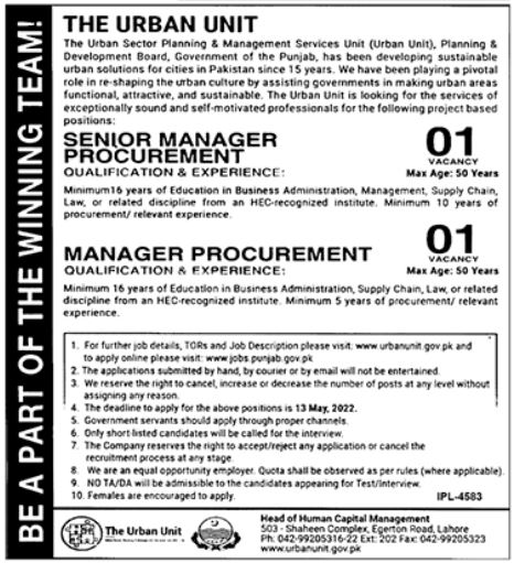 Punjab Government Jobs in Urban Unit Form at www.urbanunit.gov.pk