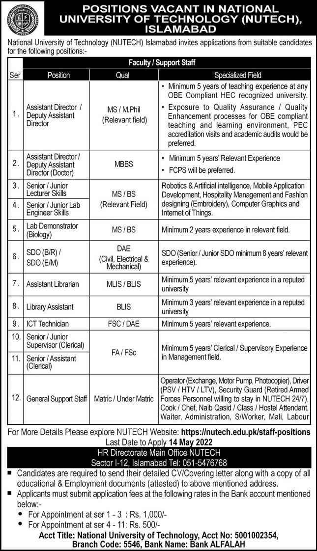 National University of Technology NUTECH Jobs 2022 Online Form