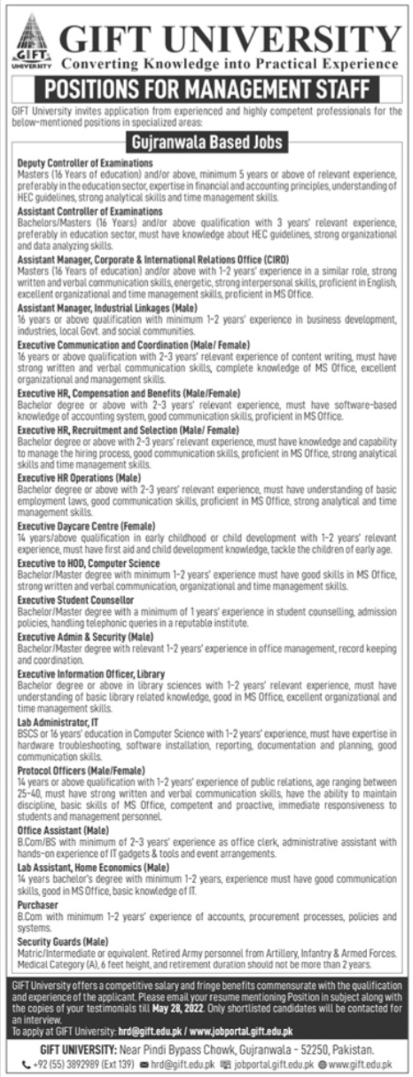 Gift University Gujranwala Jobs 2022 Fill Online Form