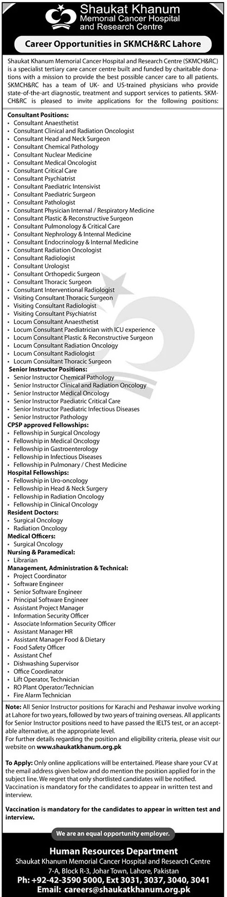 Shaukat Khanum Memorial Cancer Hospital Jobs