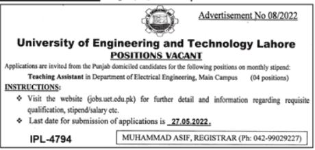 UET Lahore Jobs 2022 Download the Online Form