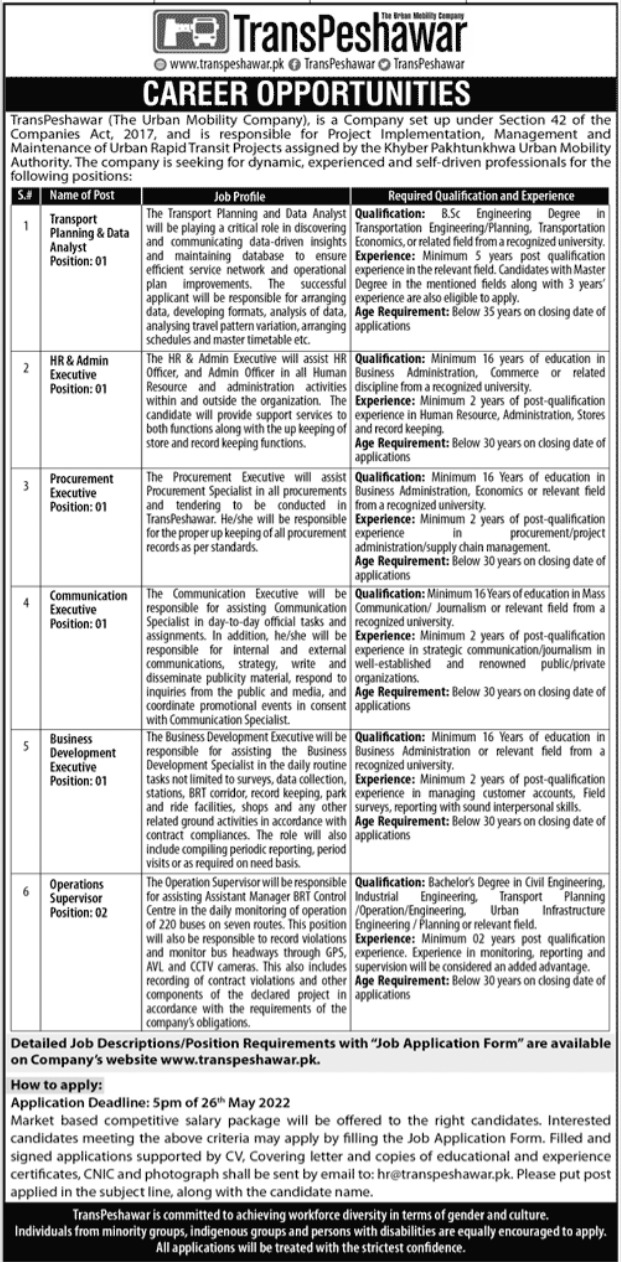 Urban Mobility Company TransPeshawar Jobs