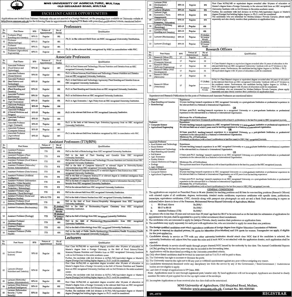 MNS University of Agriculture Multan Jobs 2022 – Download Form Online