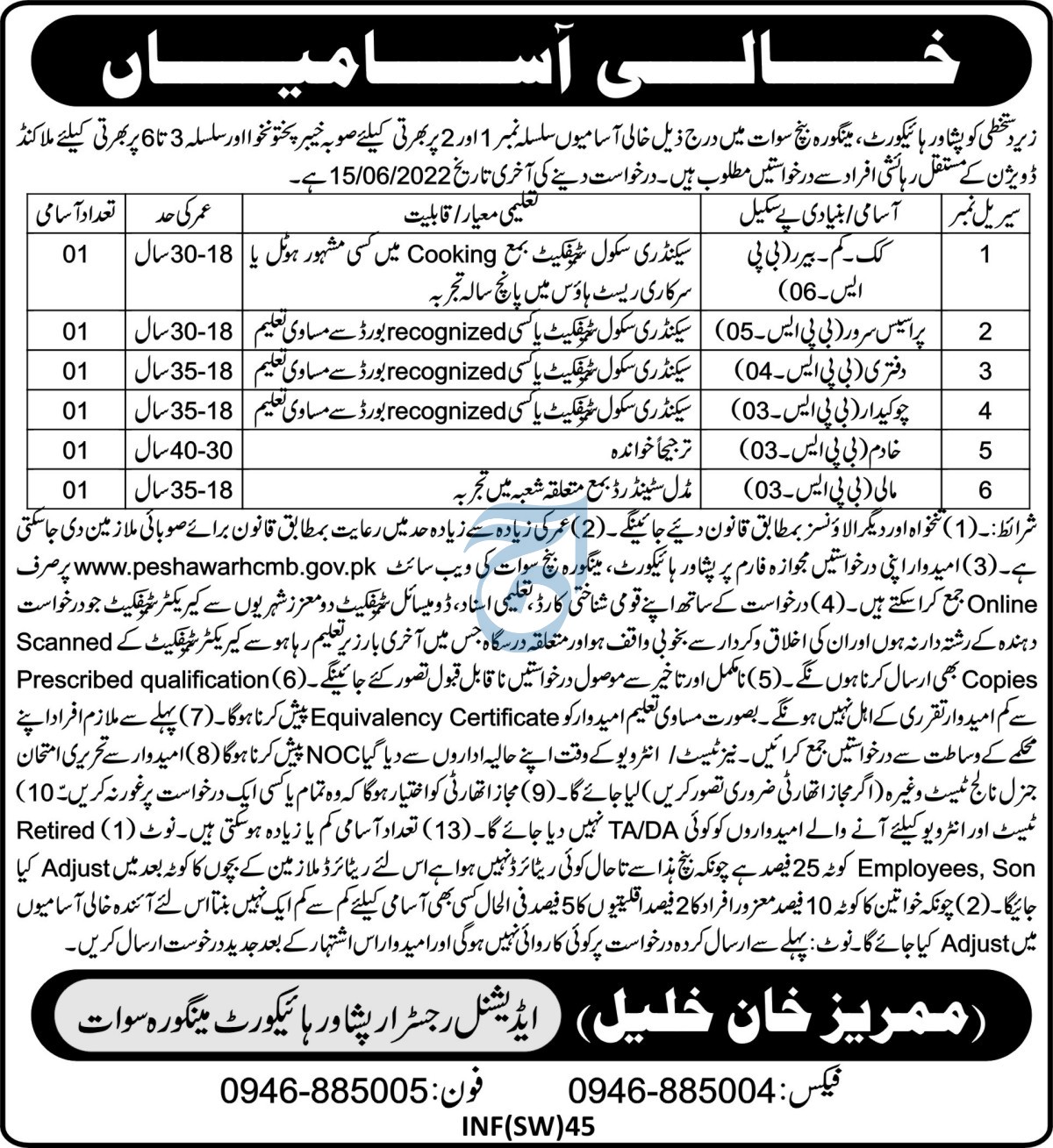 Peshawar High Cout Mingora Bench Swat Jobs 2022