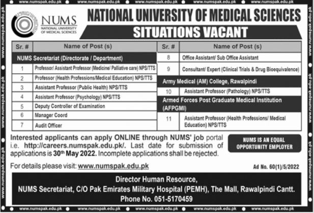 NUMS Jobs 2022 – National University of Medical Sciences Career