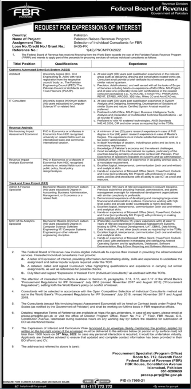 Federal Board of Revenue FBR Jobs 2022 May Advertisement