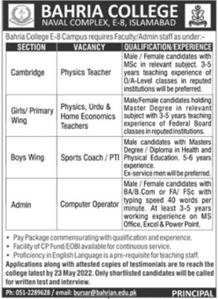 Bahria College E-8 Campus Islamabad Jobs 2022