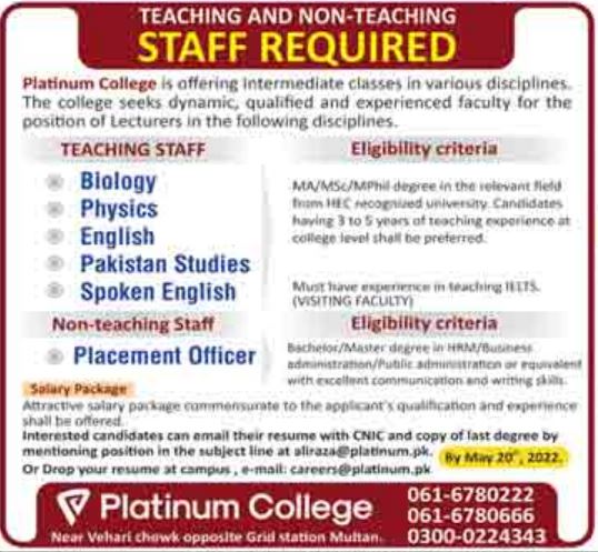 Platinum College Multan Jobs 2022 for Lecturers