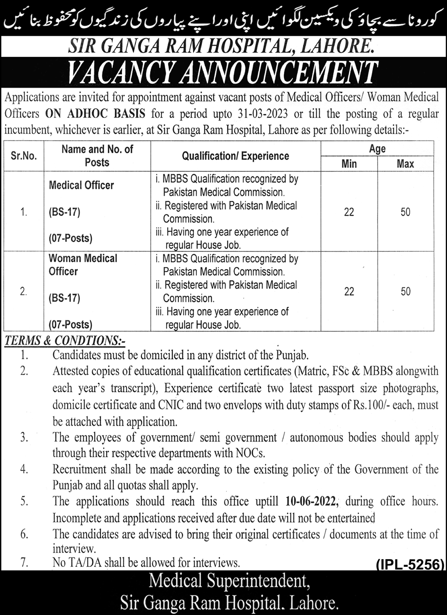 Sir Ganga Ram Hospital Lahore Jobs 2022 for Medical Officers