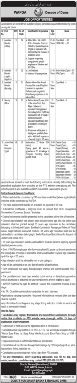 WAPDA Jobs 2022 via PTS Download Form Online – www.wapda.gov.pk