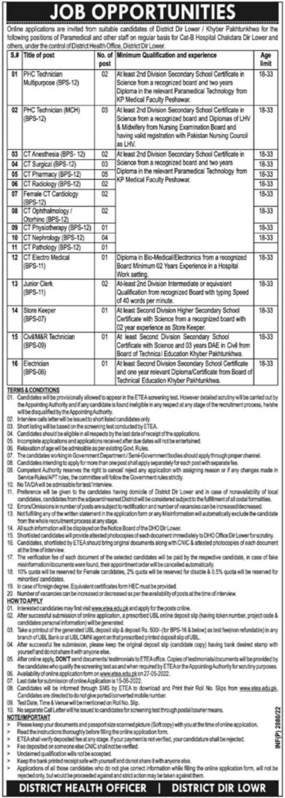 District Health Authority Dir Lower Jobs 2022 via ETEA Online Form