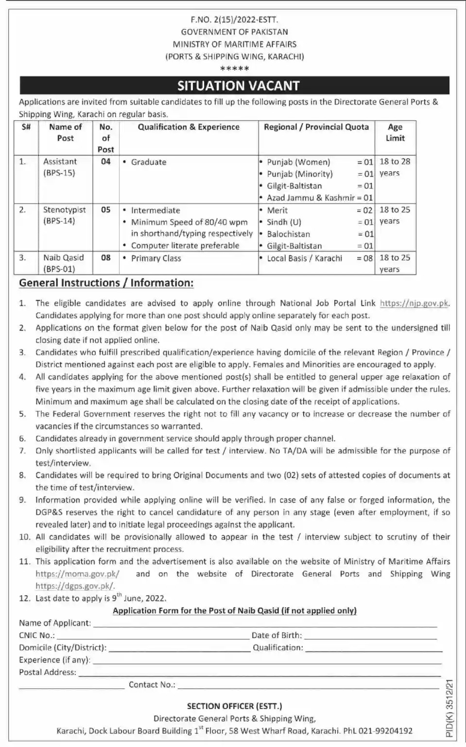 Ministry of Maritime Affairs Pakistan Jobs 2022 – Fill Form Online