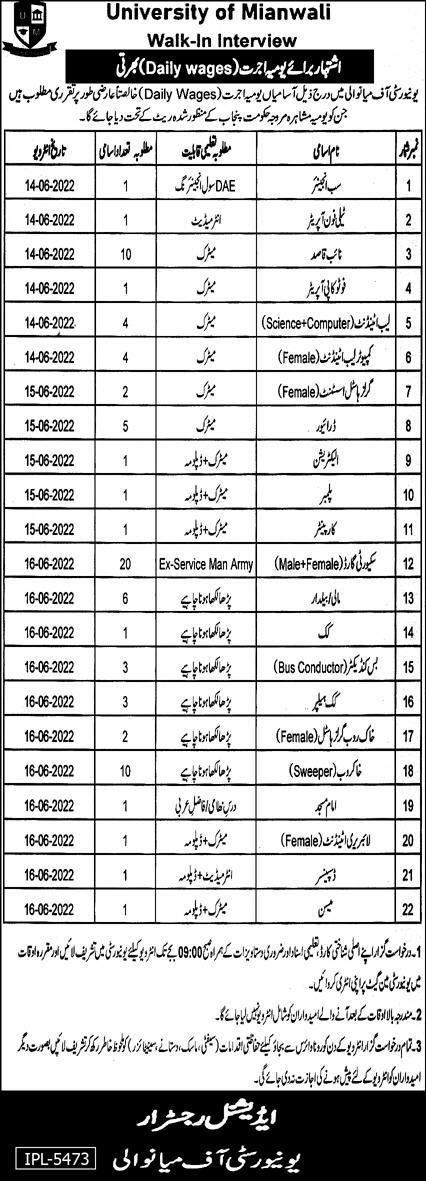 University of Mianwali Jobs 2022 Walk-in-Interview