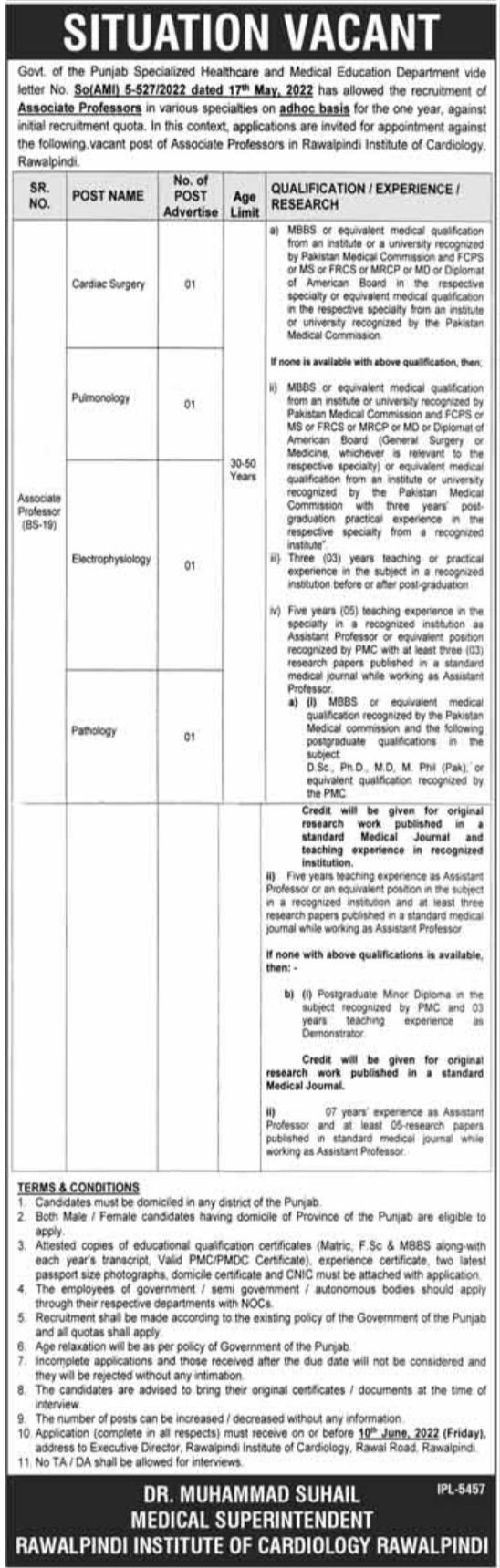 Rawalpindi Institute of Cardiology Jobs 2022 for Associate Professors