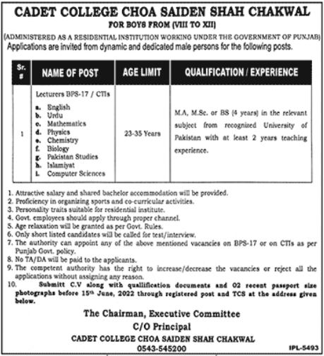 Cadet College Choa Saiden Shah Chakwal Jobs 2022