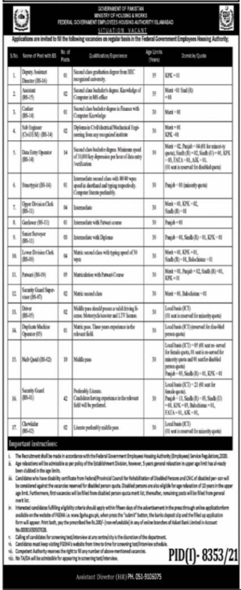 Ministry of Housing and Works Jobs 2022 | Online Form www.fgeha.gov.pk