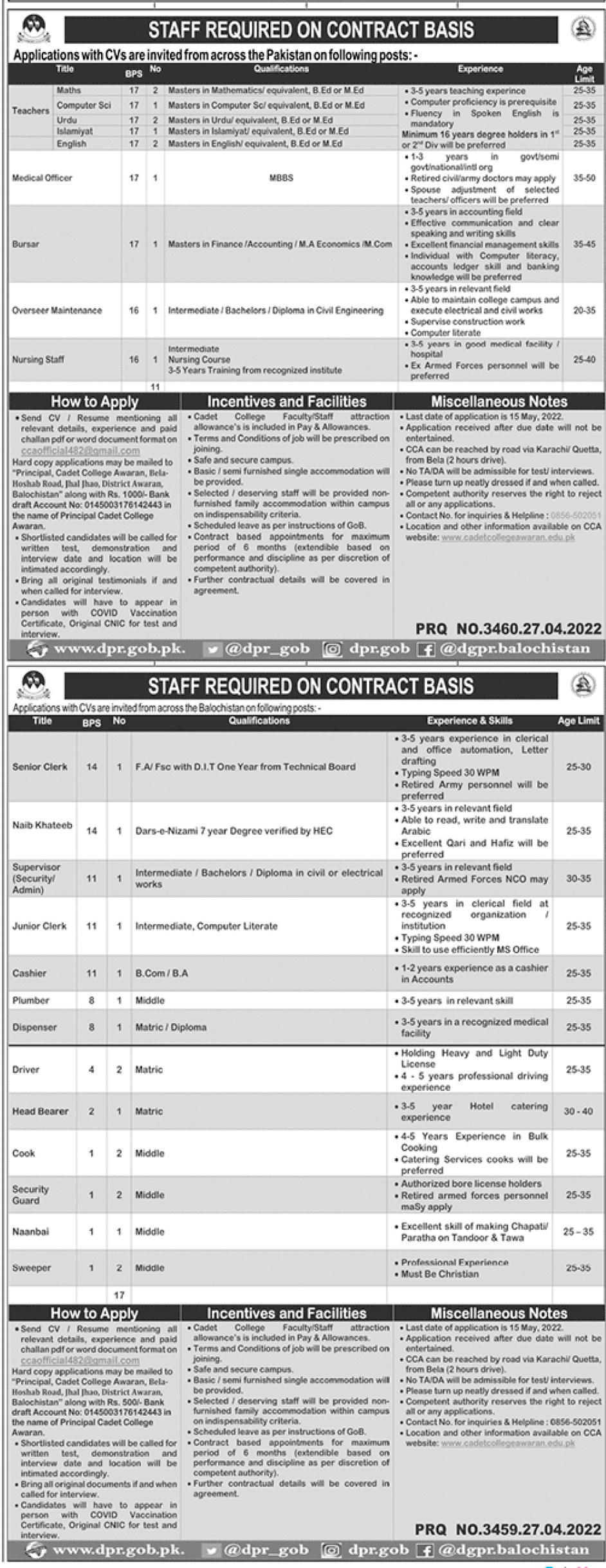 Cadet College Awaran Jobs 2022 for Pakistanis Online CVs