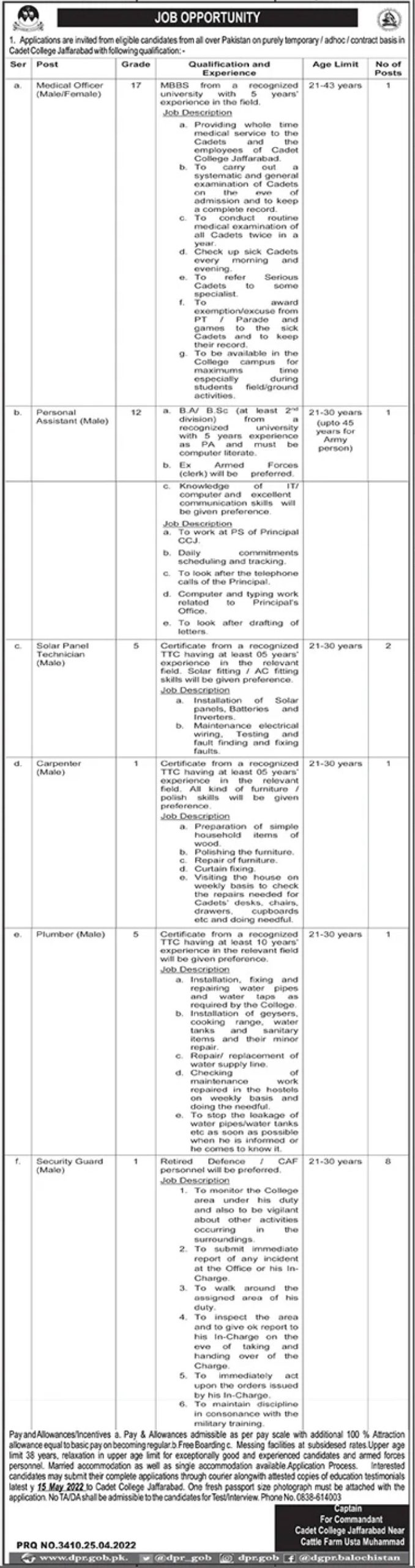 Cadet College Jaffarabad Jobs