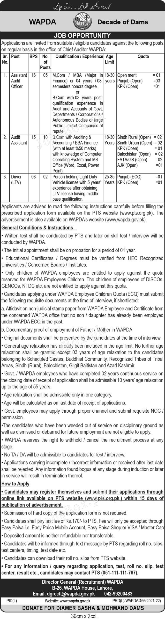 Chief Auditor Office WAPDA Jobs 2022 Fill Online Form through PTS