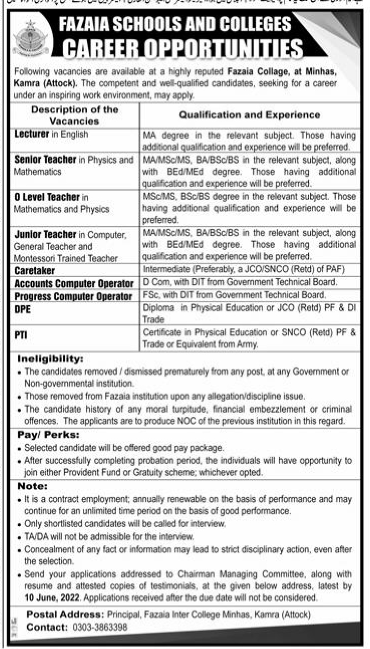 Fazaia Inter College Minhas Kamra Attock Jobs 2022