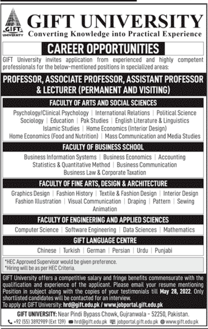 Gift University Gujranwala Jobs 2022 Fill Online Form