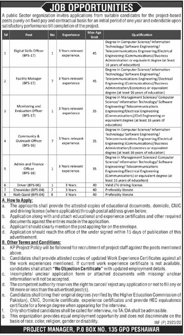 Public Sector Organization PO Box 135 GPO Peshawar Jobs 2022