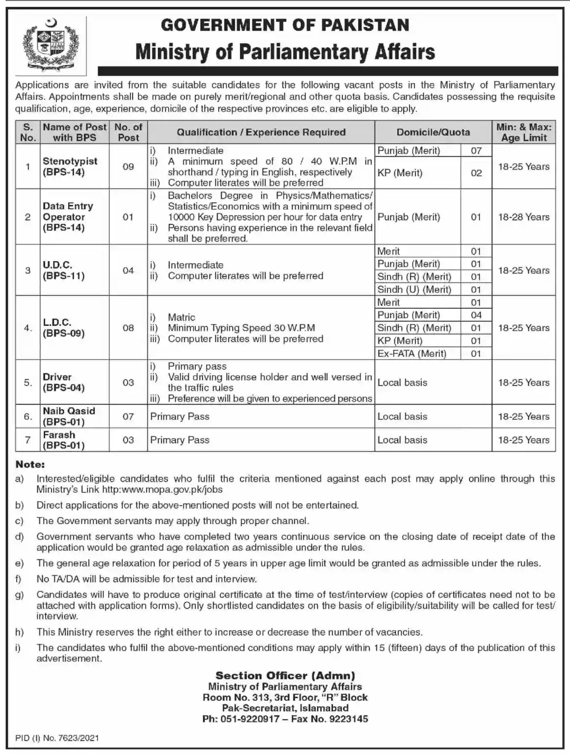 Ministry of Parliamentary Affairs Jobs 2022 MOPA Fill Online Form