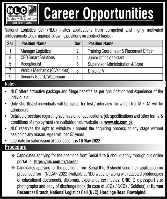 National Logistics Cell NLC Jobs 2022