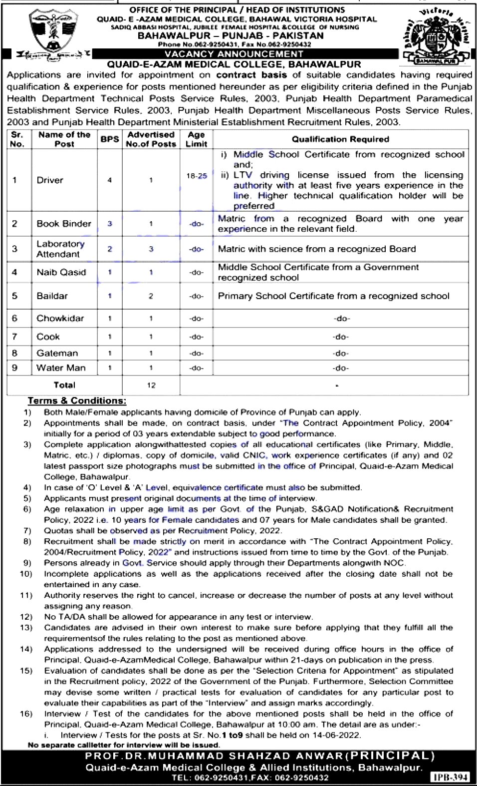 Latest Quaid E Azam Medical College Bahawalpur Jobs 2022