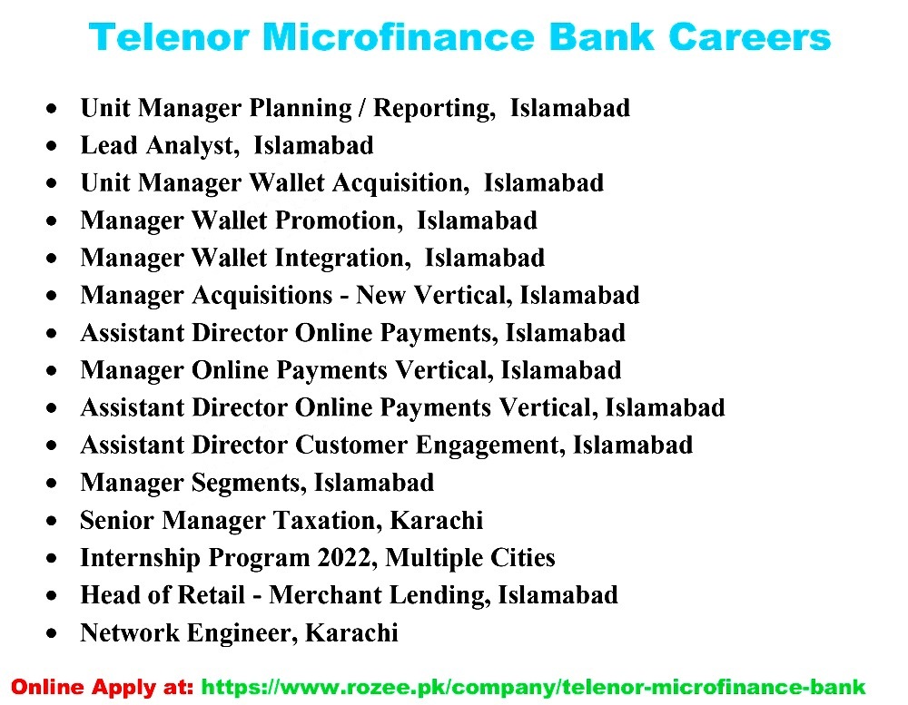 Telenor Microfinance Bank Jobs 2022 across Pakistan Fill Online Form