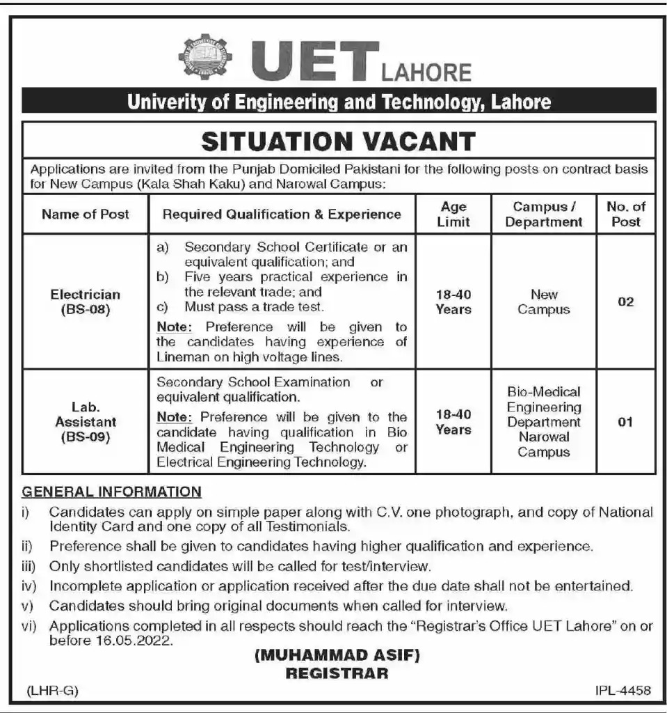 UET Lahore Jobs 2022 Download the Online Form