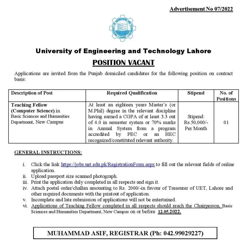 UET Lahore Jobs 2022 Download the Online Form