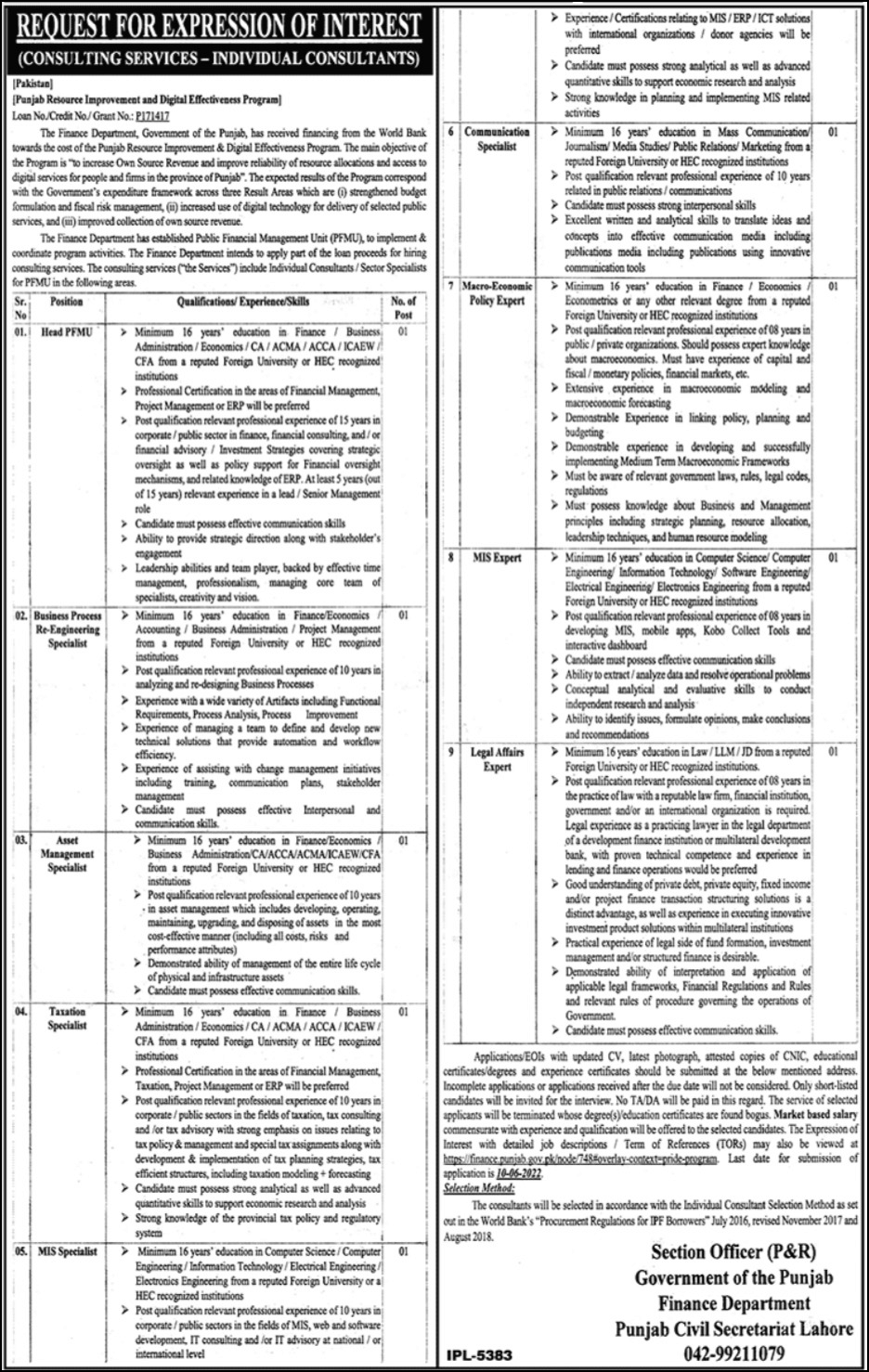 Finance Department Government of Punjab Jobs 2022 – Download Form