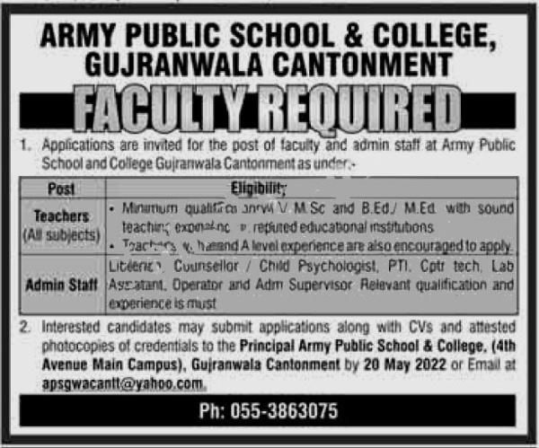 Army Public School & College Gujranwala Jobs 2022 May Advertisement