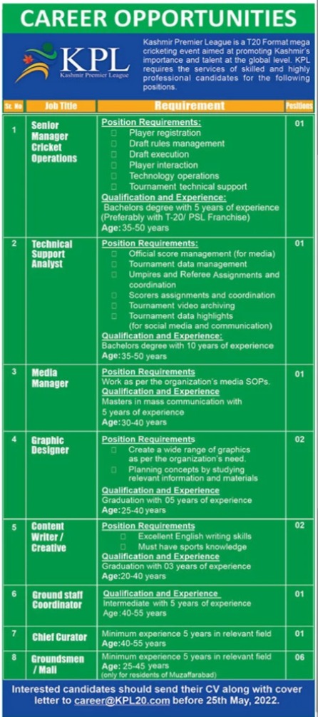 Kashmir Premier League KPL Jobs 2022 – Submit Online Applications