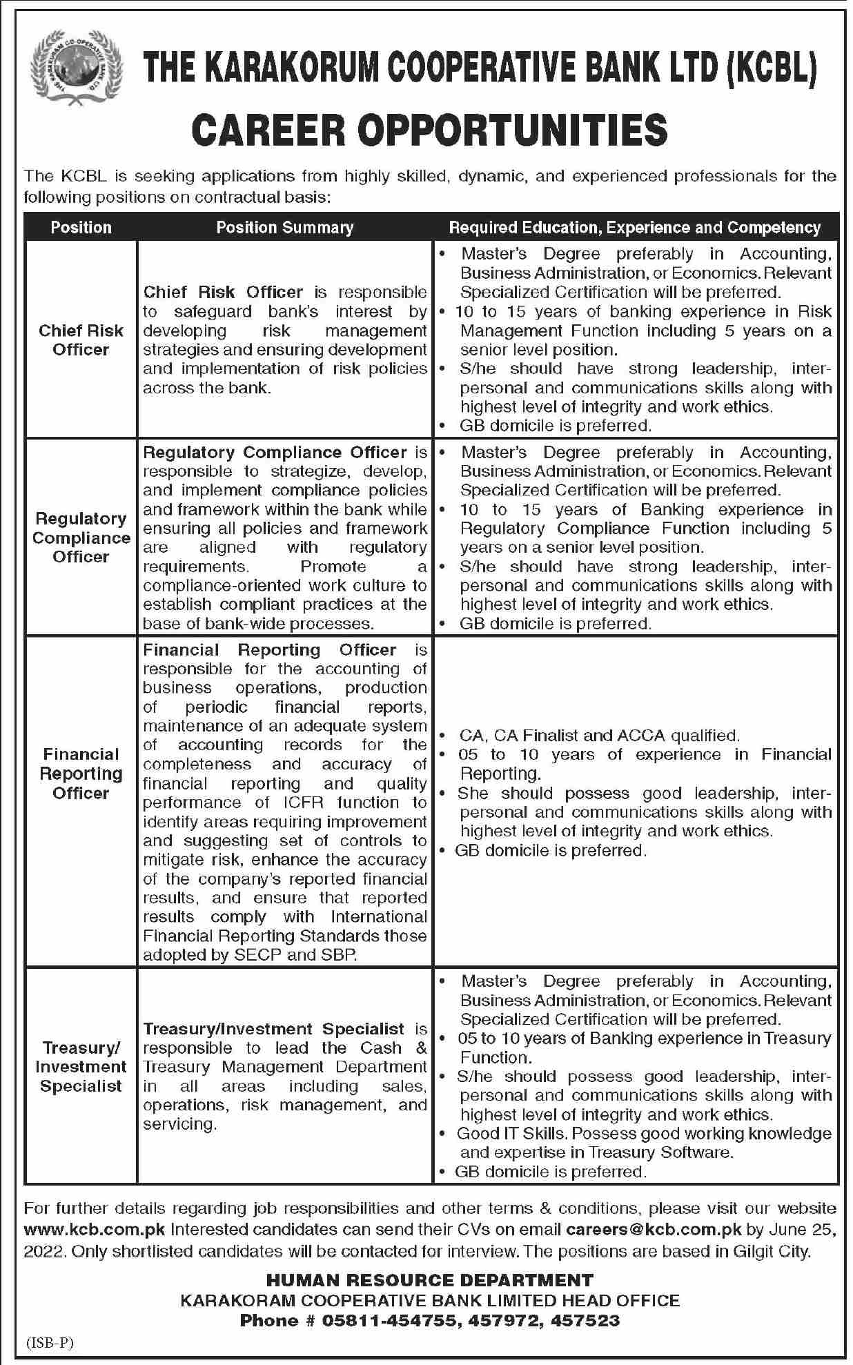 Karakorum Cooperative Bank Limited KCBL Jobs 2022