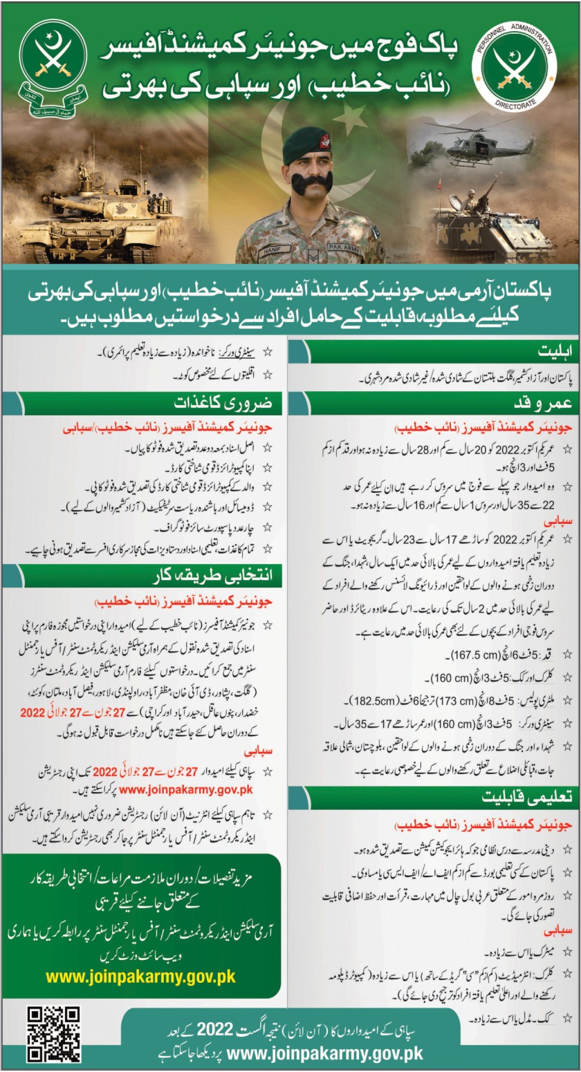 Join Pak Army Jobs 2022 as Sipahi & JCO | www.joinpakarmy.gov.pk