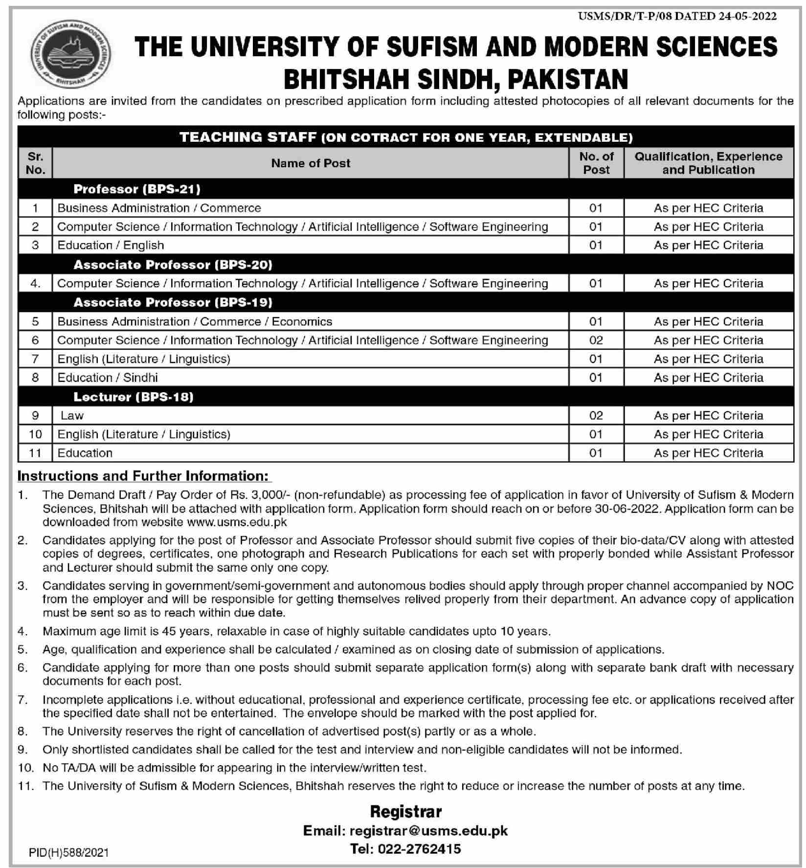 University of Sufism and Modern Sciences Jobs USMS 2022