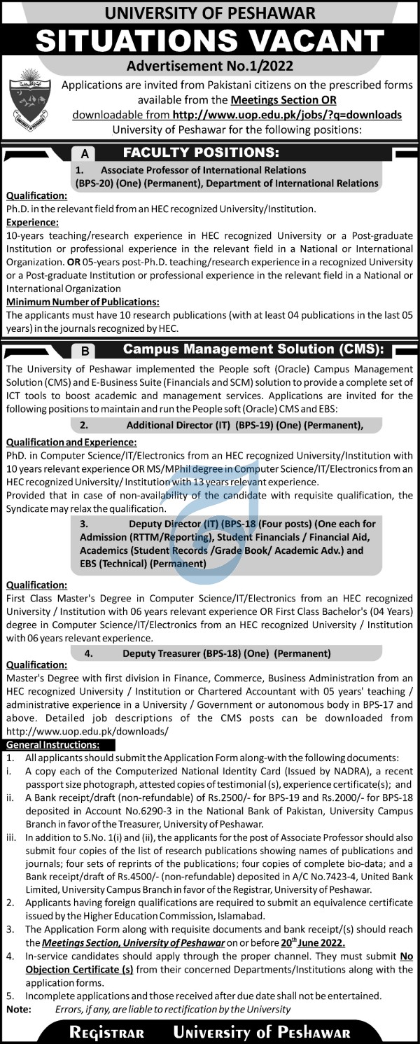 University of Peshawar Jobs 2022 Advertisement No. 1/2022