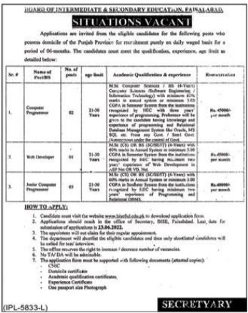 BISE Faisalabad Jobs 2022 Download Form | www.bisefsd.edu.pk