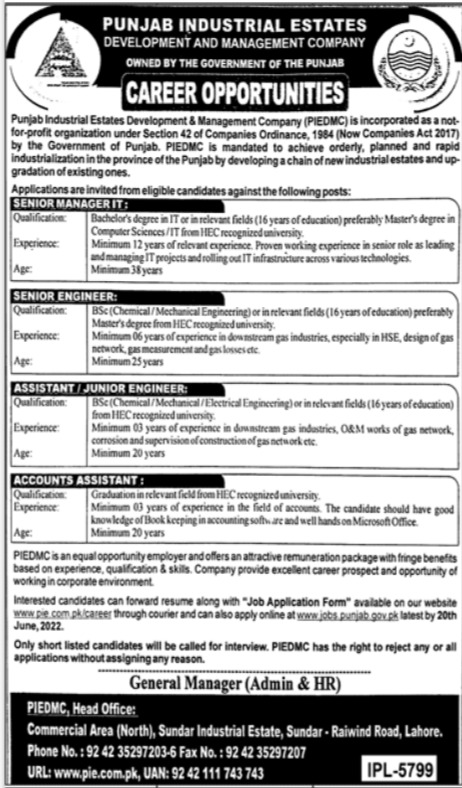 Punjab Industrial Estates Development & Management Company PIEDMC Jobs