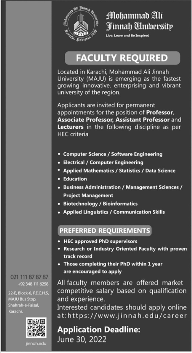 Muhammad Ali Jinnah University Jobs 2022 – MAJU Karachi Careers