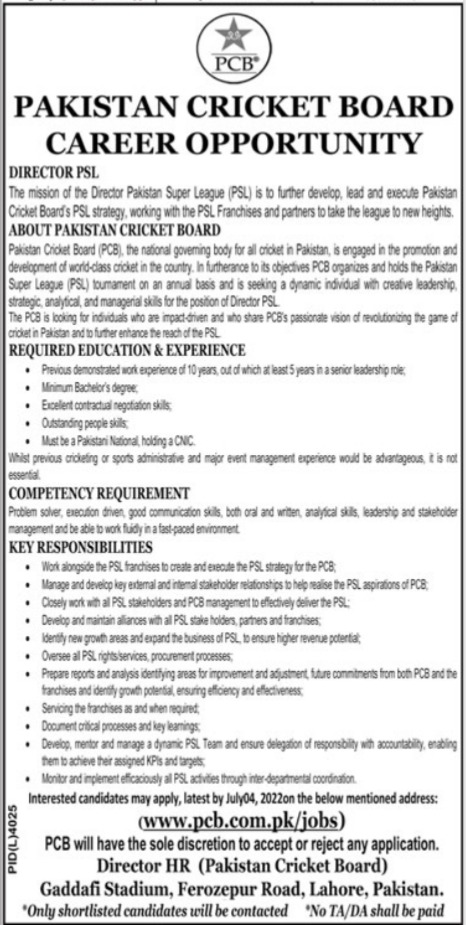 Pakistan Cricket Board PCB Jobs 2022 Latest Advertisement