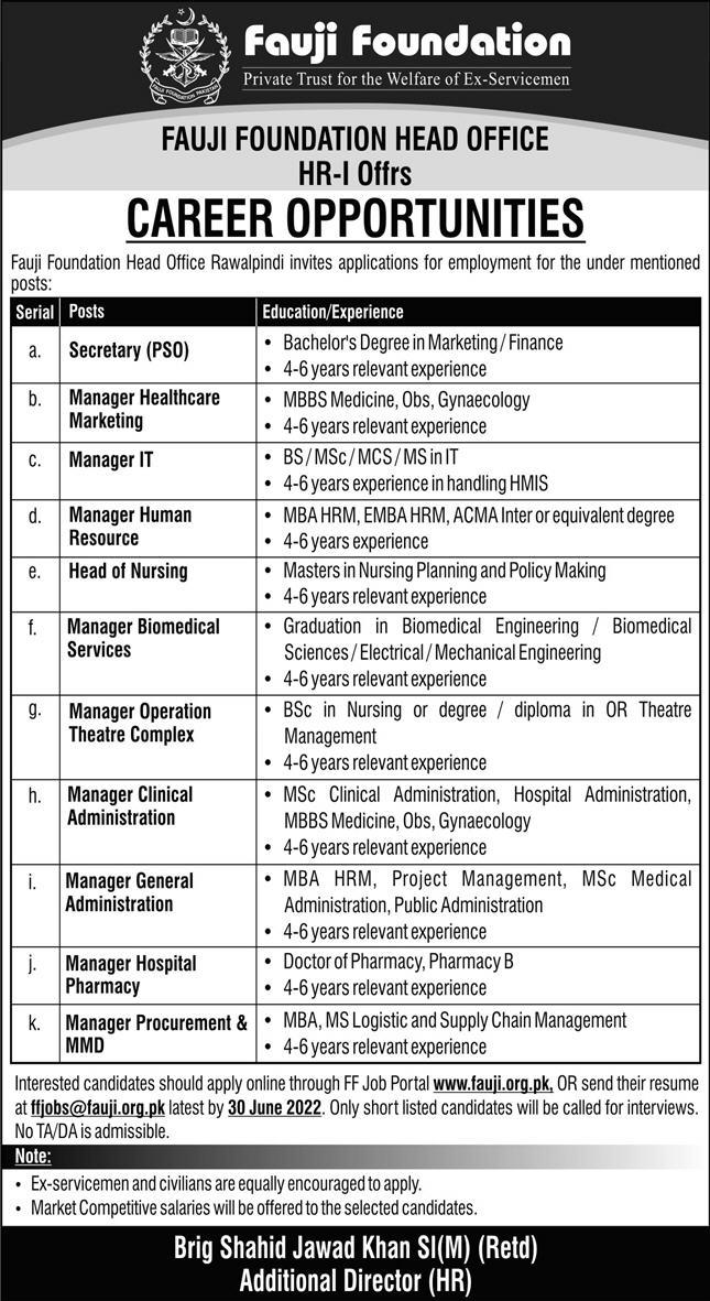 Fauji Foundation Head Office Rawalpindi Jobs 2022