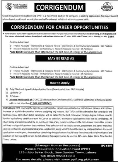 Punjab Population Innovation Fund PPIF Jobs 2022 | www.ppif.org.pk