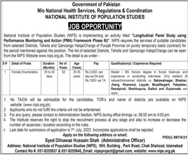 National Institute of Population Studies NIPS Jobs 2022