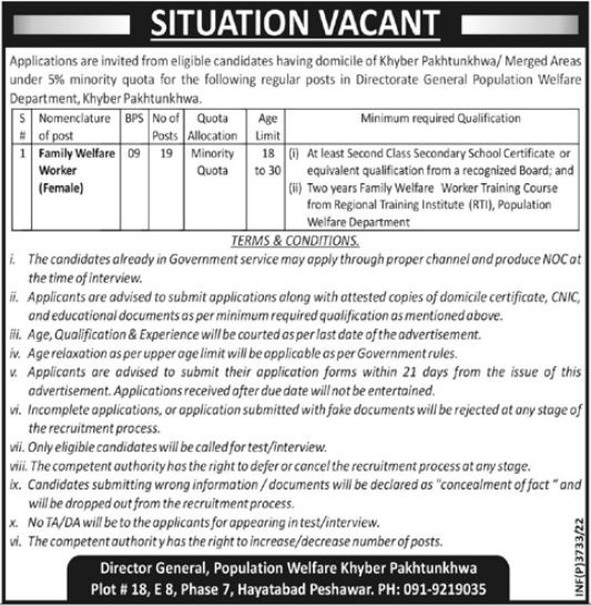 Population Welfare Department KPK Jobs 2022 – Minority Quota