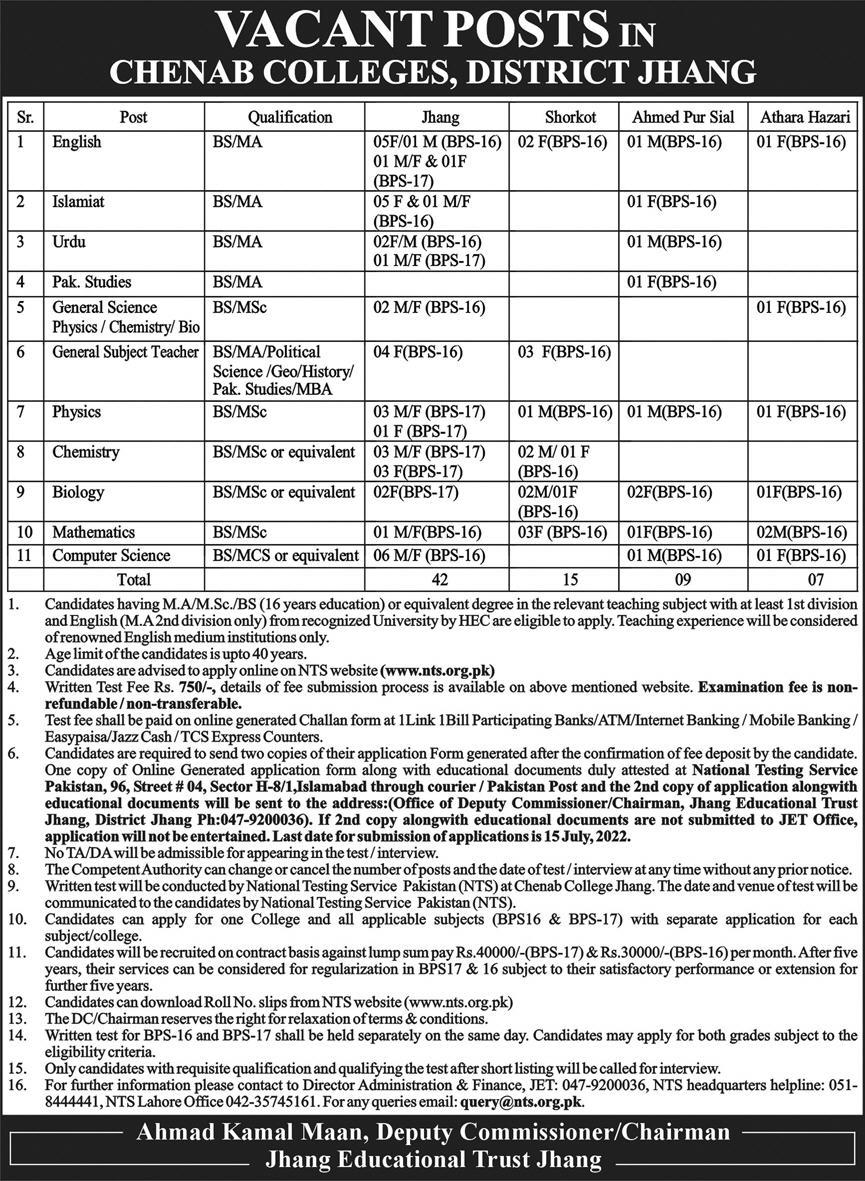 Chenab Colleges Jhang Jobs 2022 for Teachers | Only Apply at NTS